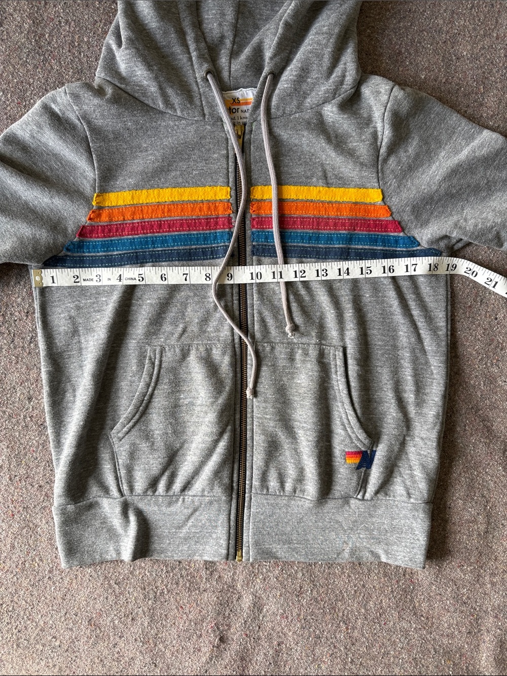 Aviator Nation Grey Zip-Up Hoodie with Yellow, Orange, Red and Blue Stripes (XS) - Picture 4 of 10